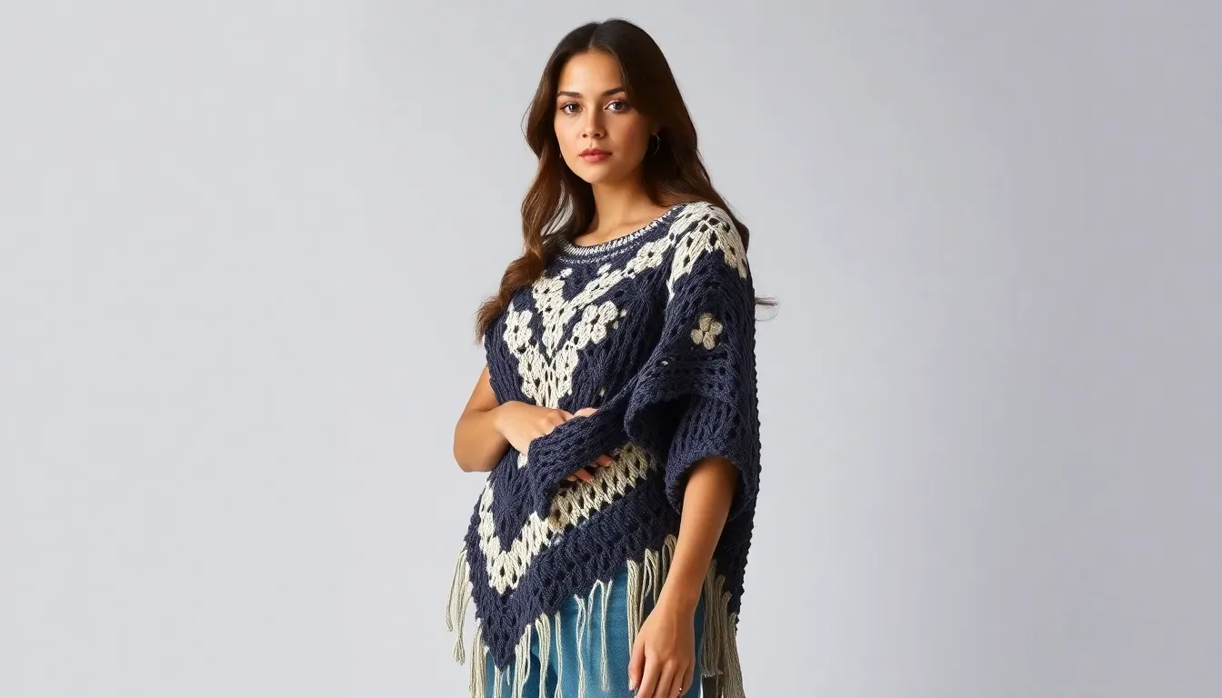 Un sofisticado poncho a crochet que roba miradas desde el primer instante